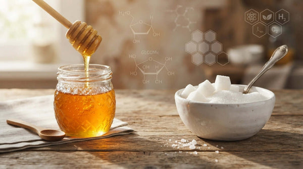 Raw honey and white sugar side-by-side on a wooden table showing natural vs refined sweeteners comparison