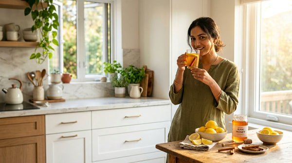 Woman drinking warm honey water with raw honey jar and lemon slices in kitchen to illustrate whether honey helps with weight loss