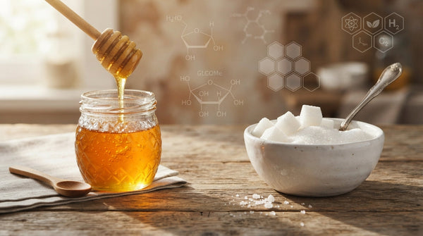 Raw honey and white sugar side-by-side on a wooden table showing natural vs refined sweeteners comparison